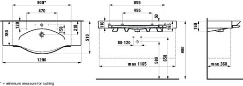 Umywalka LAUFEN PALACE 120x51, z relingiem na ręcznik, z 3 otworami, biała H8127040001081