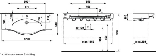 Umywalka LAUFEN PALACE 120x51, z relingiem na ręcznik, z 3 otworami, biała H8127040001081