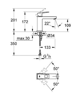 Bateria umywalkowa GROHE EUROCUBE bez korka, wylewka 13.3cm, chrom 23446000