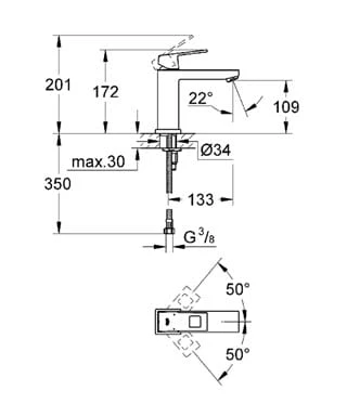 Bateria umywalkowa GROHE EUROCUBE bez korka, wylewka 13.3cm, chrom 23446000