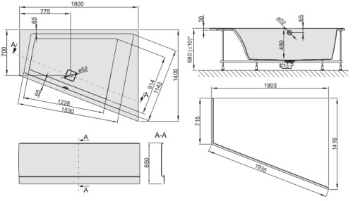 Wanna trapezowa SPACE LINE 140x180  610100136001000