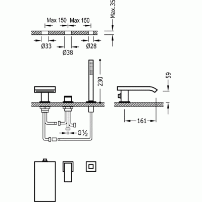Bateria wannowa CUADRO-TRES 3 otworowa, wylewka kaskadowa, chrom 10616102