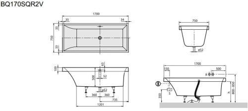 Wanna prostokątna VILLEROY&BOCH SQUARO 170x75cm, quaryl, biała UBQ170SQR2V-01