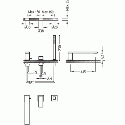Bateria wannowa 3 otworowa CUADRO TRES wylewka 220 mm chrom 00616103