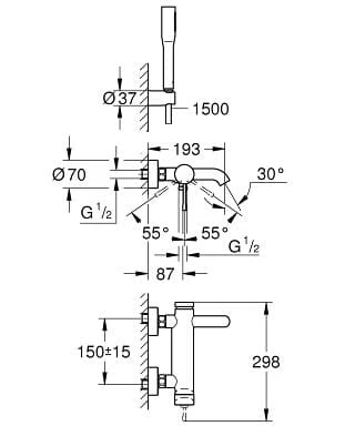 Bateria wannowa GROHE ESSENCE z wężem, uchwytem i słuchawką, chrom 33628001