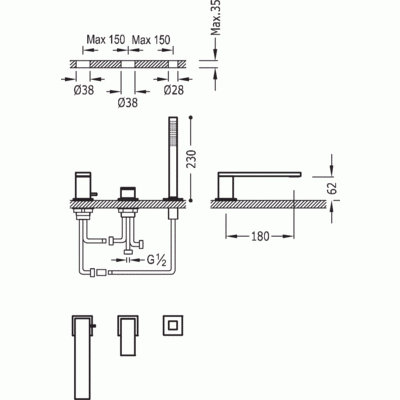 Bateria wannowa 3 otworowa CUADRO TRES wylewka 180 mm chrom 00616105