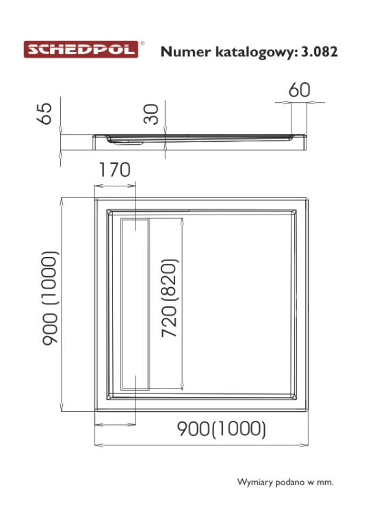 Brodzik kwadratowy SCHEDPOL CAMPARO 100x6,5cm, z odpływem liniowym, biały 3.082