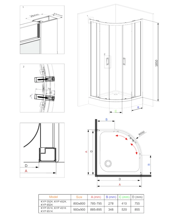 Kabina półokrągła DEANTE FUNKIA 80cm, szkło grafitowe R=55, chrom KYP 452K