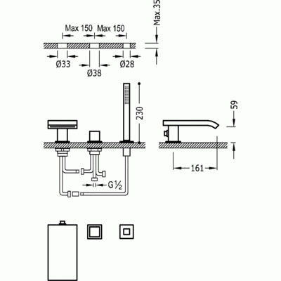 Bateria wannowa CUADRO-TRES 3 otworowa, wylewka kaskadowa, chrom 10716102