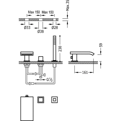 Bateria wannowa CUADRO-TRES 3 otworowa, wylewka kaskadowa, chrom 10716102