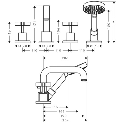 Bateria wannowa AXOR CITTERIO 4-otw., pokrętła krzyżowe, chrom 39445000