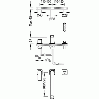 Bateria wannowa LOFT TRES 3-otworowa, chrom 20016203