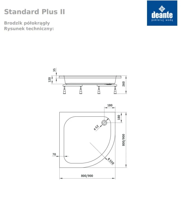 Brodzik półokrągły DEANTE STANDARD PLUSII 80x80x12 fi 52 z nóżkami KTU 032B