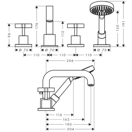 Bateria wannowa AXOR CITTERIO 4-otworowa, el.zew., uchwyt krzyżowy, chrom 39453000
