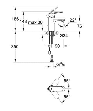 Bateria umywalkowa GROHE EUROSMART COSMOPOLITAN bez korka, z ogranicznikiem przepływu, chrom 3282700E