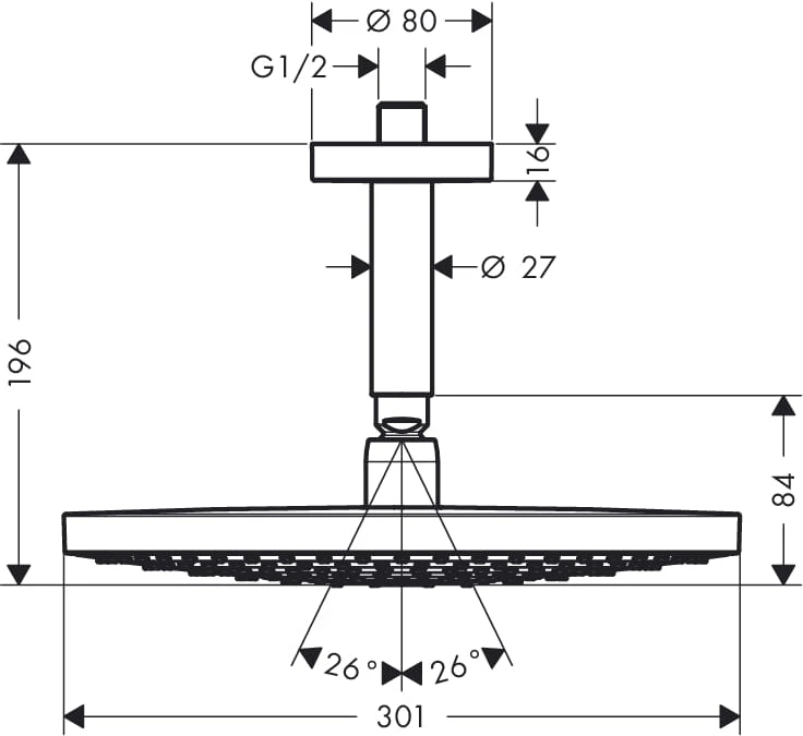 Głowica natryskowa HANSGROHE RAINDANCE SELECT S Fi300, z przyłączem sufitowym 100mm, chrom 27337000