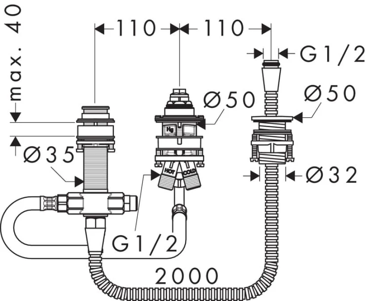 Zestaw podstawowy HANSGROHE do baterii 3 otworowej element wewnętrzny ( do 71313000 ) 13439180