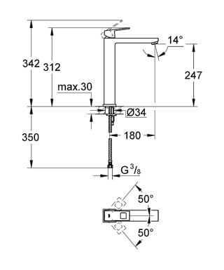 Bateria umywalkowa GROHE EUROCUBE bez korka, wysoka, wylewka 18cm, chrom 23406000