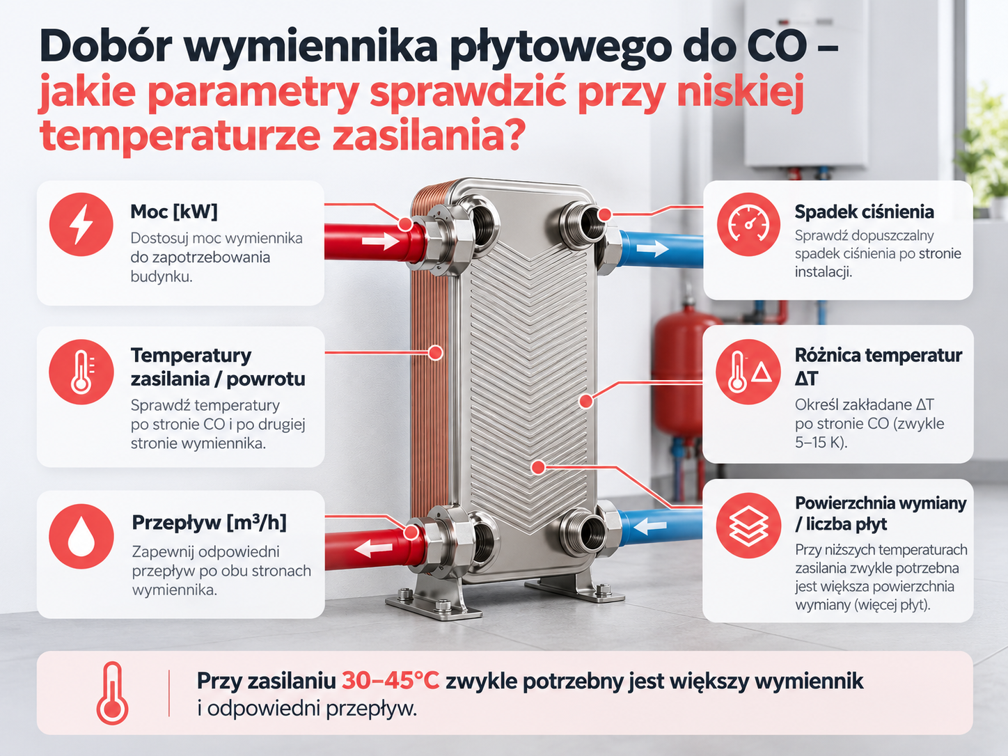 Dobór wymiennika płytowego do CO – jakie parametry sprawdzić przy niskiej temperaturze zasilania?
